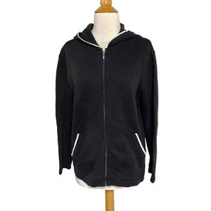 Talbots M classic black + white cotton hooded sweater jacket